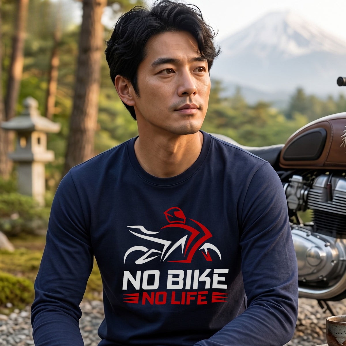 NO BIKE NO LIFE | バイク乗り スピード感 イラスト ロゴ クール 長袖Tシャツ【バイク好き・SS乗り・ツーリングウェア・プレゼントに最適】