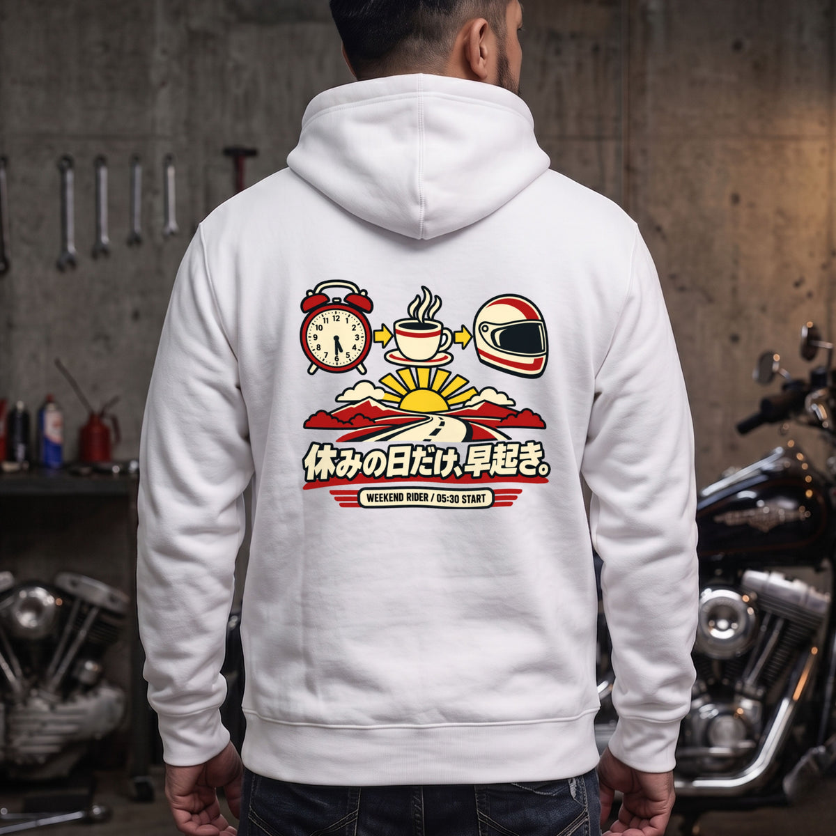 休みの日だけ、早起き。 バイク パーカー ｜バックプリント