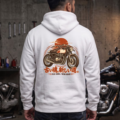 古い魂、新しい道。 バイク パーカー ｜バックプリント
