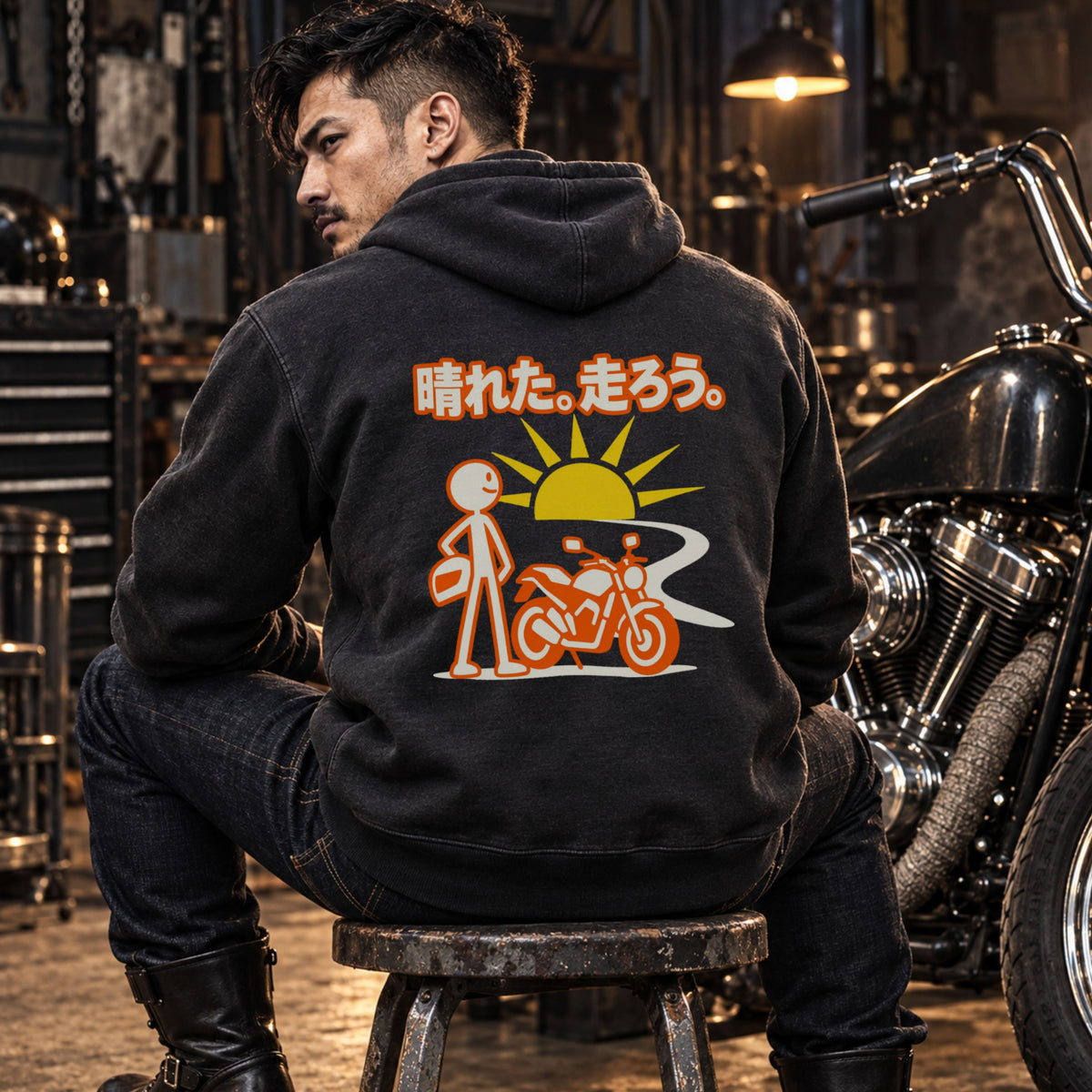 晴れた。走ろう。 バイク パーカー ｜バックプリント