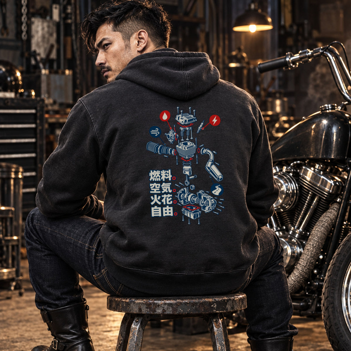 燃料。空気。火花。自由。 バイク パーカー ｜バックプリント