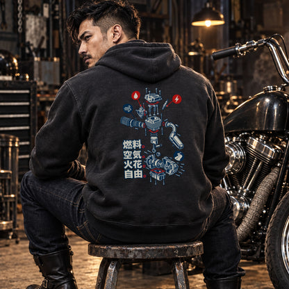 燃料。空気。火花。自由。 バイク パーカー ｜バックプリント