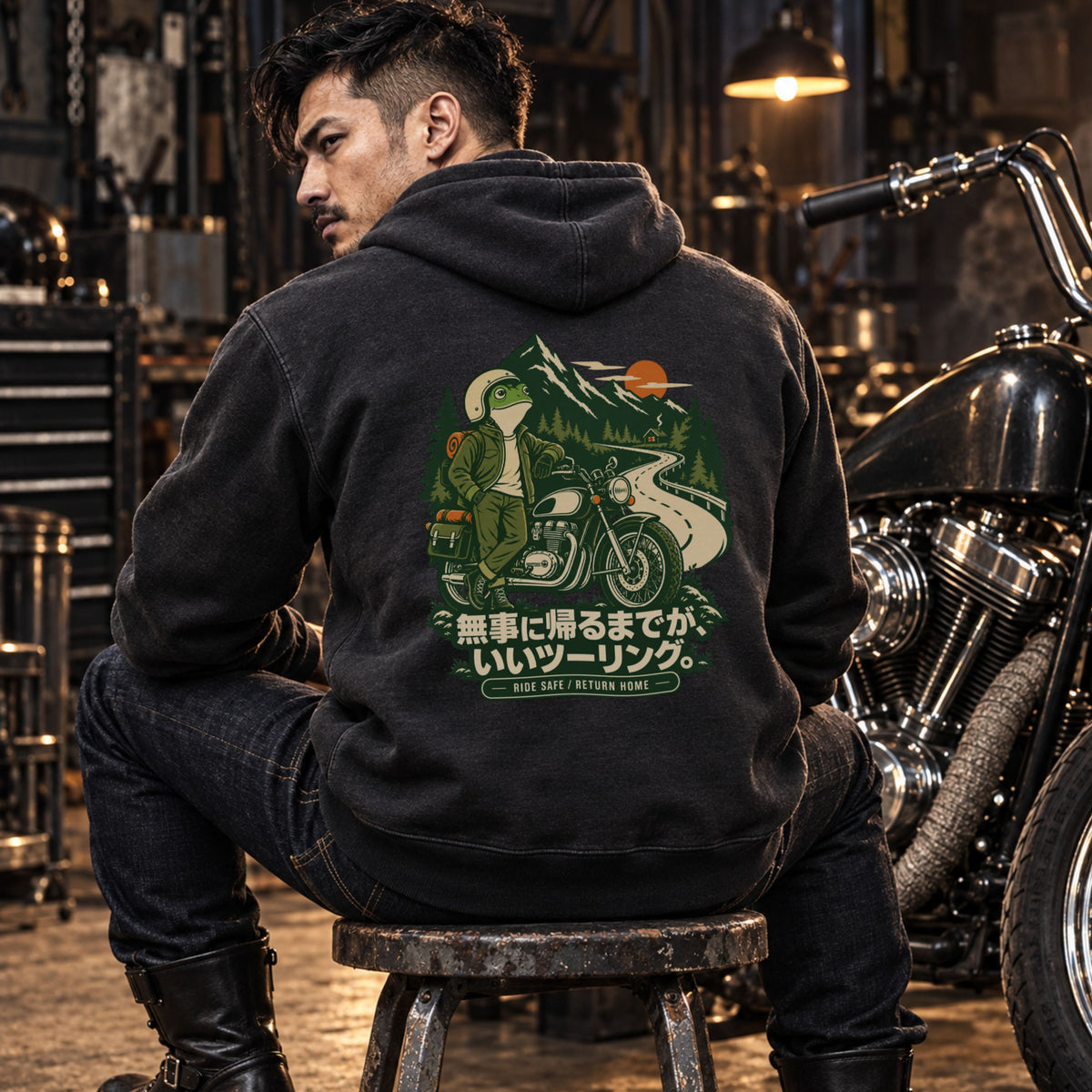 無事に帰るまでが、いいツーリング。 バイク パーカー ｜バックプリント