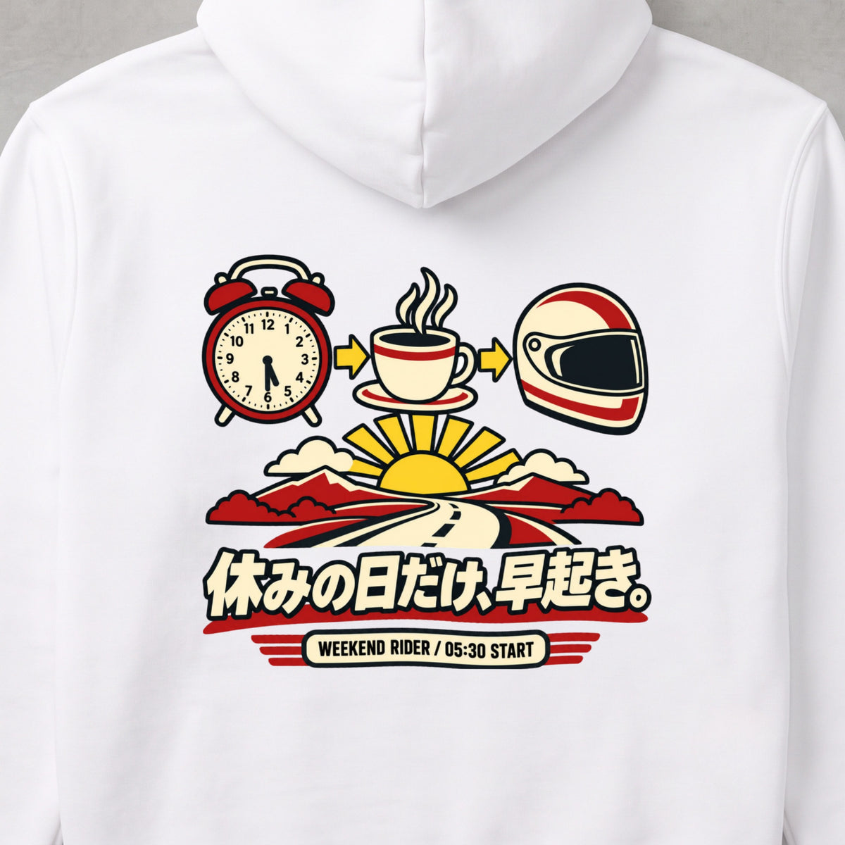 休みの日だけ、早起き。 バイク パーカー ｜バックプリント