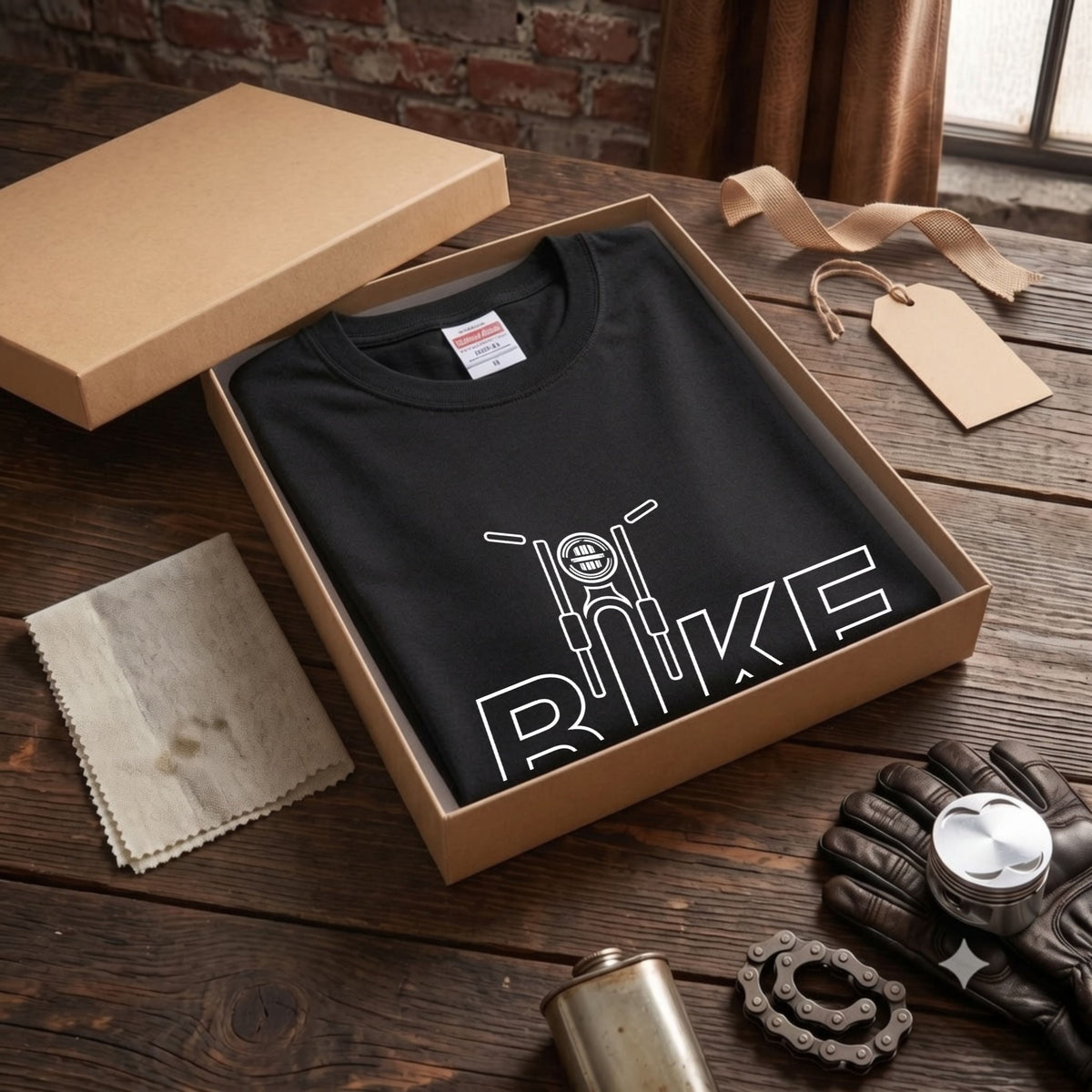 BIKE TYPO | バイク シルエット 英字ロゴ モーターサイクル グラフィック Tシャツ【バイク乗りの日常・普段着・オシャレ・ギフトに最適】