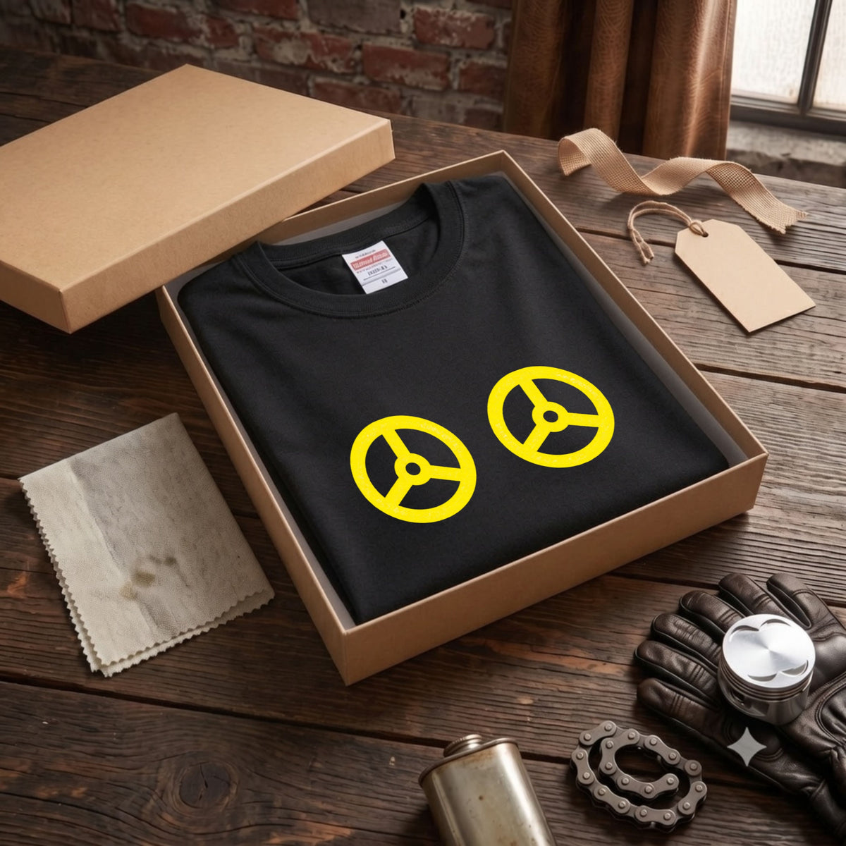 STEERING SMILE | 黄色 スマイル カーステアリング チェーン ミニマル グラフィック Tシャツ【バイク雑貨・普段着・メンズ・オシャレ・ギフトに最適】