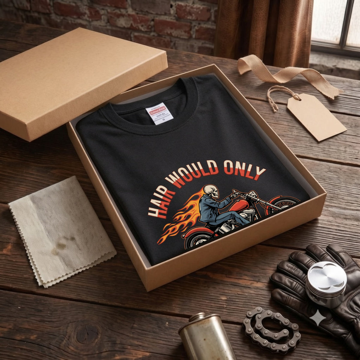 HAIR WOULD ONLY SLOW ME DOWN | スカル バイカー アメリカンバイク 骸骨 パロディ Tシャツ【バイク好き・ハーレー・おもしろ・誕生日ギフトに最適】