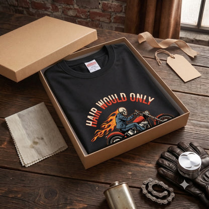 HAIR WOULD ONLY SLOW ME DOWN | スカル バイカー アメリカンバイク 骸骨 パロディ Tシャツ【バイク好き・ハーレー・おもしろ・誕生日ギフトに最適】