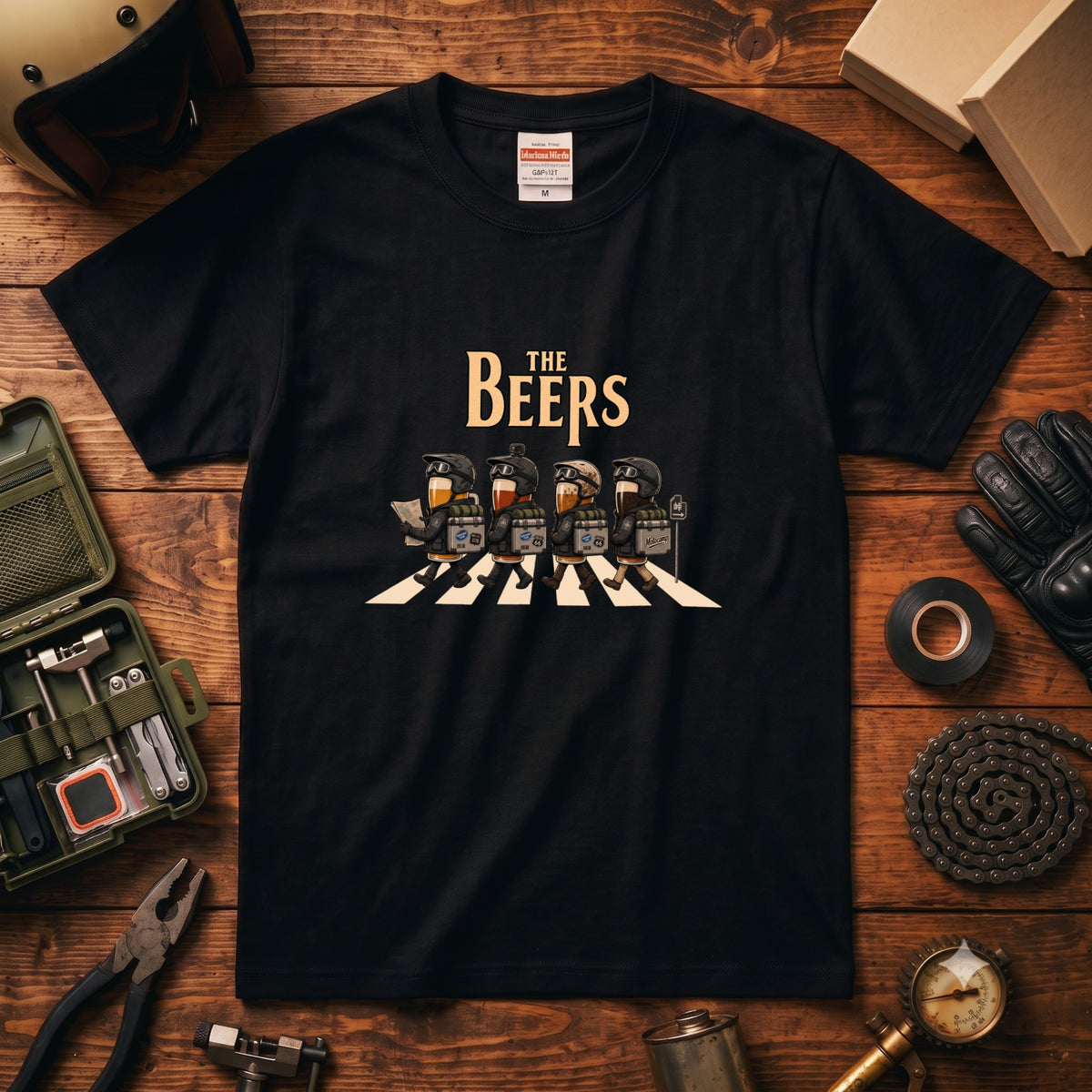 THE BEERS Adventure | ロングツーリング アドベンチャーバイク クラフトビール 横断歩道 パロディ Tシャツ【ライダー・バイク旅・父の日・イベント・プレゼントに最適】