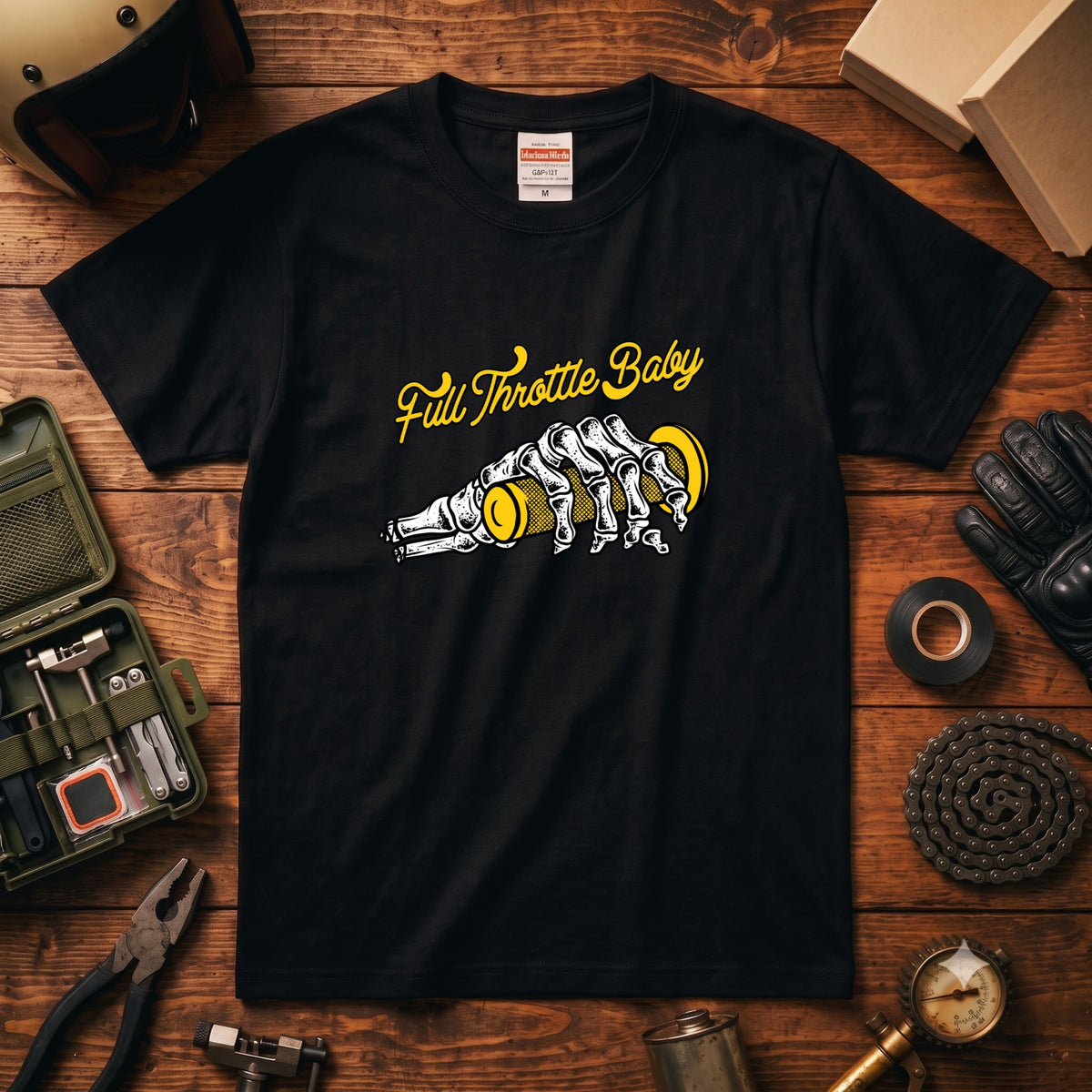 FULL THROTTLE | スケルトン ハンド アクセル グラフィック Tシャツ【バイク乗りの日常・カスタム・オシャレ・ギフトに最適】
