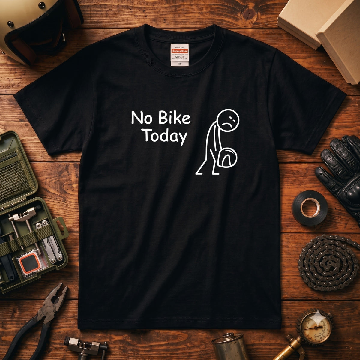 No Bike Today 悲しい棒人間黒Tシャツ | RIDERSMODE