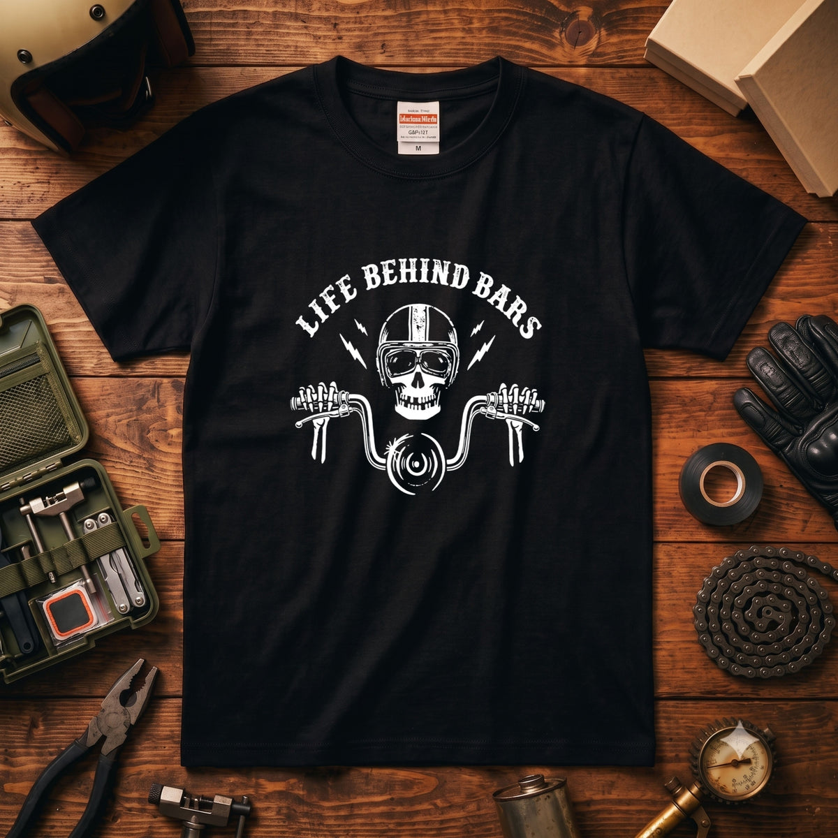 LIFE BEHIND BARS | レトロ スカル ハンドルバー ライダース Tシャツ【バイク乗りの日常・カスタム・オシャレ・ギフトに最適】