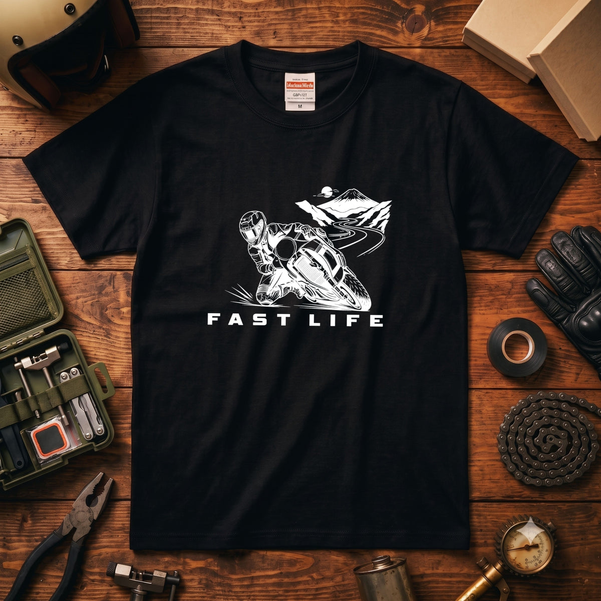 FAST LIFE | バイク 膝すり モーターサイクル マウンテンロード Tシャツ【バイク乗りの日常・峠・オシャレ・ギフトに最適】