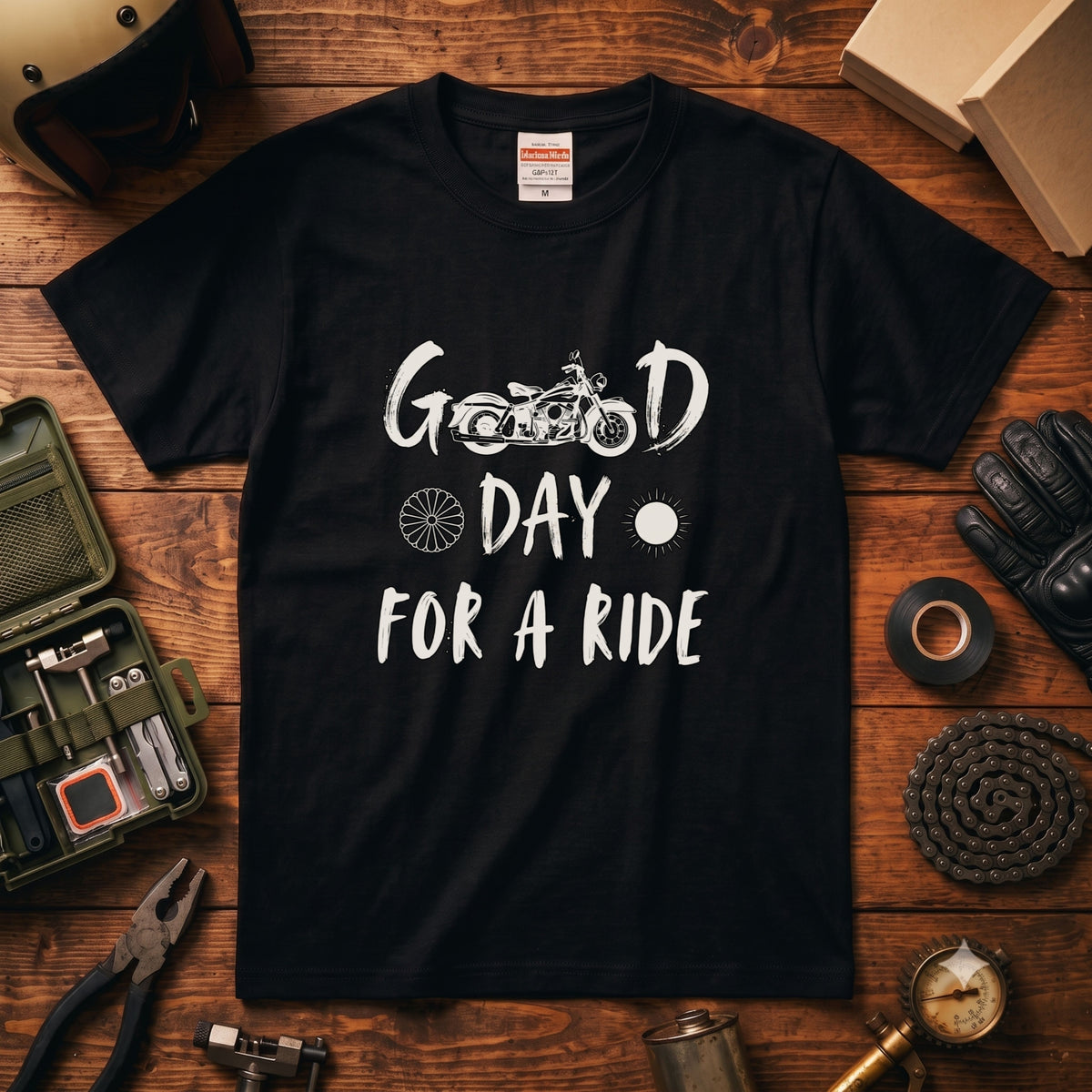 GOOD DAY FOR A RIDE | ビンテージ モーターサイクル 手書き風 グラフィック Tシャツ【バイク乗りの日常・ツーリング・オシャレ・ギフトに最適】