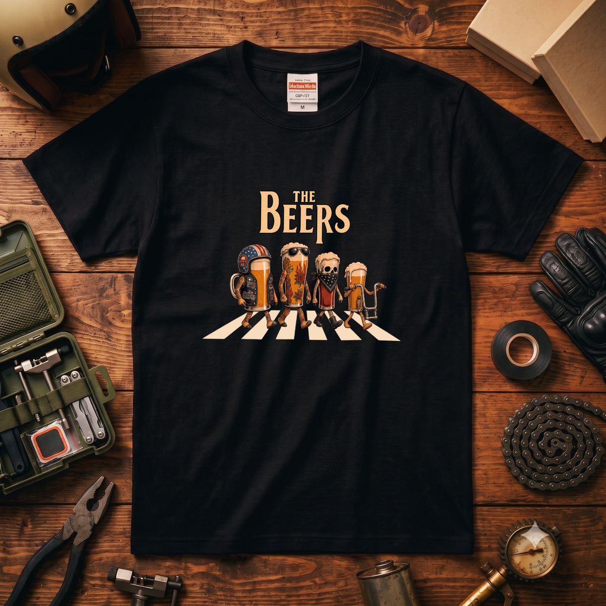 THE BEERS CHOPPER | アメリカンバイク チョッパー クラフトビール 横断歩道 筆文字 パロディ Tシャツ【ライダー・ハーレー乗り・父の日・プレゼントに最適】