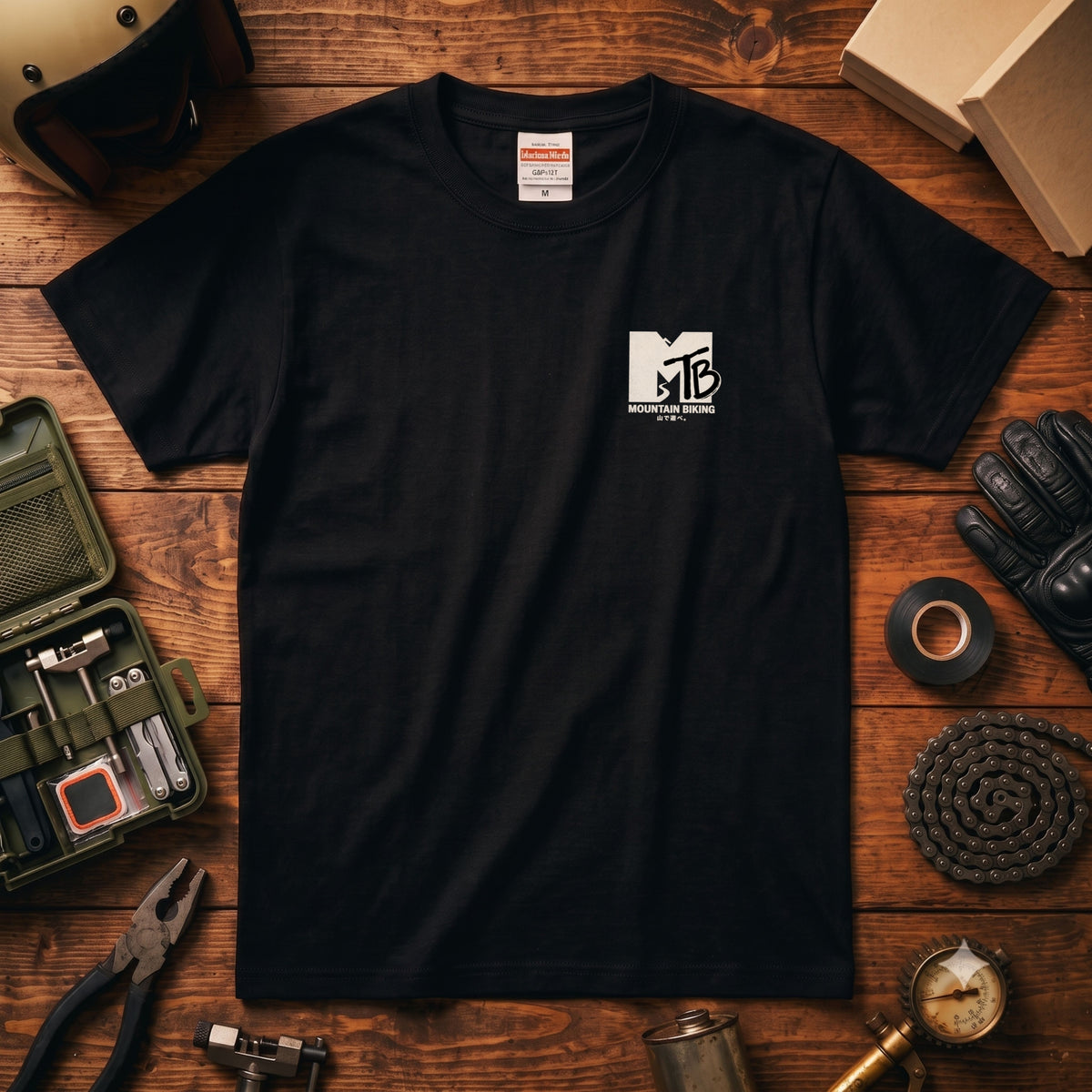 MOUNTAIN BIKING | ワンポイント レトロロゴ MTB 自転車男子 ストリート グラフィック Tシャツ【サイクルウェア・普段着・ツーリング・ユニセックス・ギフトに最適】