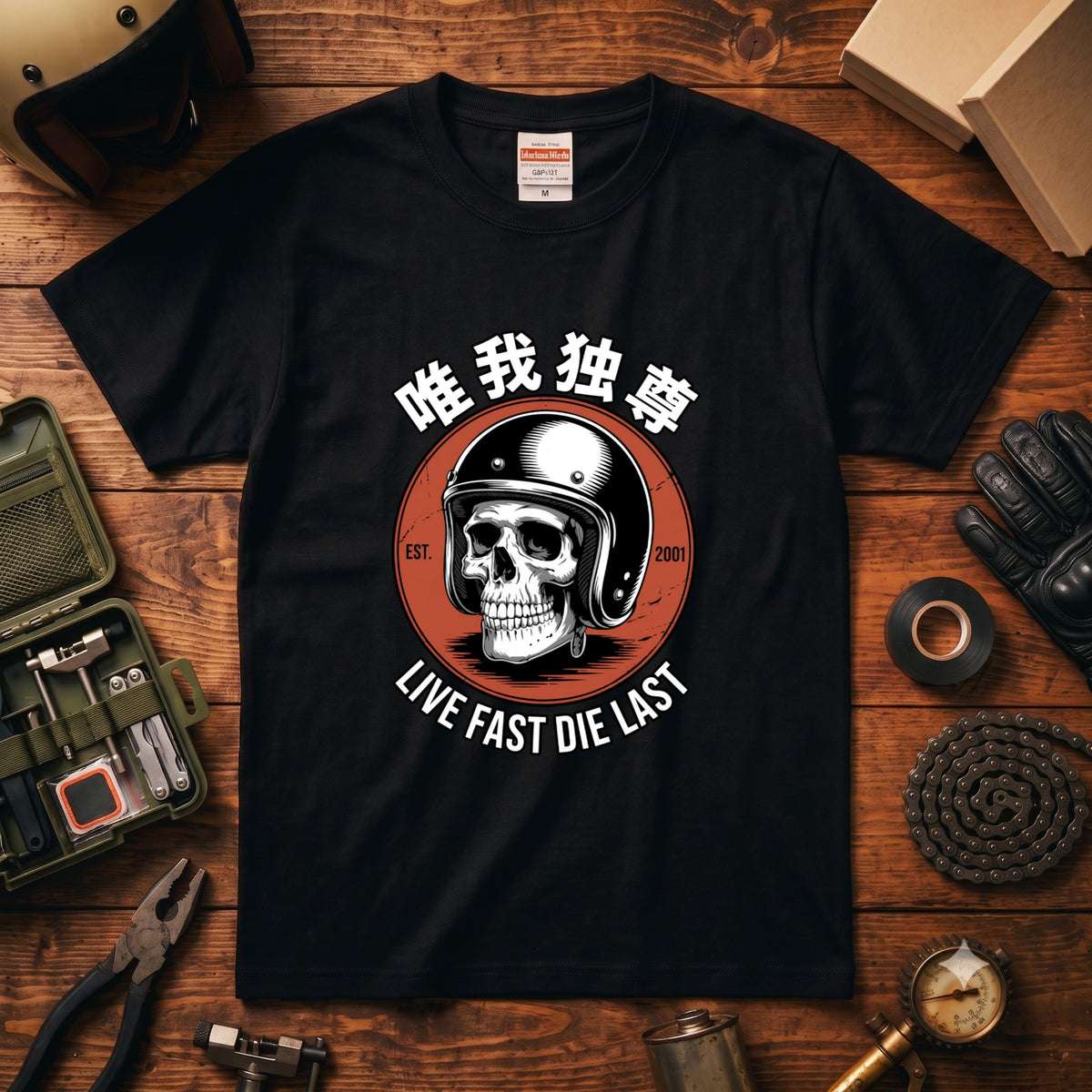 LIVE FAST DIE LAST | 唯我独尊 骸骨 ジェッペル レトロ ライダース グラフィック Tシャツ【バイク乗りの日常・ツーリング・オシャレ・ギフトに最適】