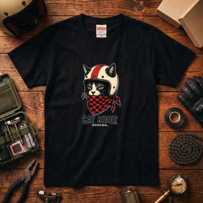 VINTAGE CAT RIDER | クラシック ヘルメット 猫グラフィック アメカジ モーターサイクル Tシャツ【バイカーファッション・普段着・ツーリング・ユニセックス・ギフトに最適】