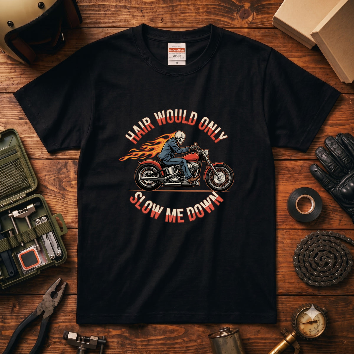 HAIR WOULD ONLY SLOW ME DOWN | スカル バイカー アメリカンバイク 骸骨 パロディ Tシャツ【バイク好き・ハーレー・おもしろ・誕生日ギフトに最適】