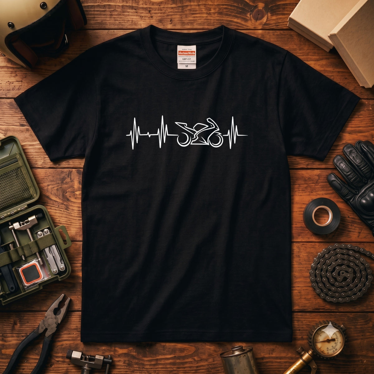 BIKE HEARTBEAT | スーパースポーツ 心電図ライン モノトーン グラフィック Tシャツ【バイク乗りの日常・峠・オシャレ・ギフトに最適】