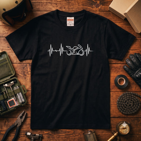 BIKE HEARTBEAT | スーパースポーツ 心電図ライン モノトーン グラフィック Tシャツ【バイク乗りの日常・峠・オシャレ・ギフトに最適】