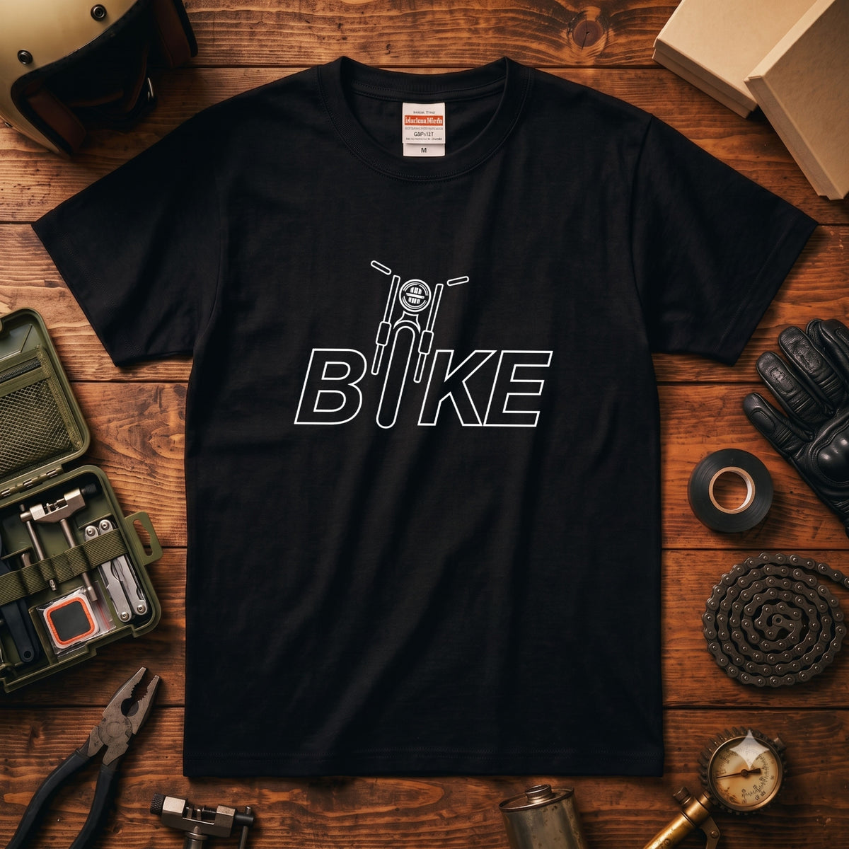 BIKE TYPO | バイク シルエット 英字ロゴ モーターサイクル グラフィック Tシャツ【バイク乗りの日常・普段着・オシャレ・ギフトに最適】