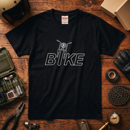 BIKE TYPO | バイク シルエット 英字ロゴ モーターサイクル グラフィック Tシャツ【バイク乗りの日常・普段着・オシャレ・ギフトに最適】