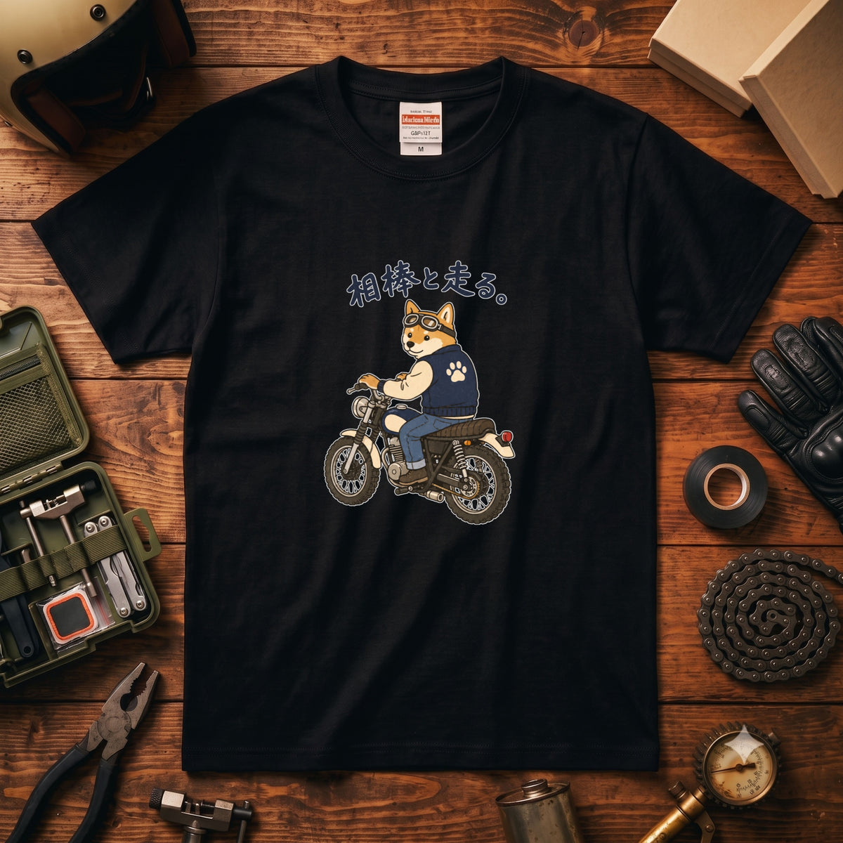RIDE WITH SHIBA | 柴犬 ライダー ヴィンテージバイク グラフィック カジュアル Tシャツ【バイカーファッション・普段着・キャンプ・ユニセックス・ギフトに最適】