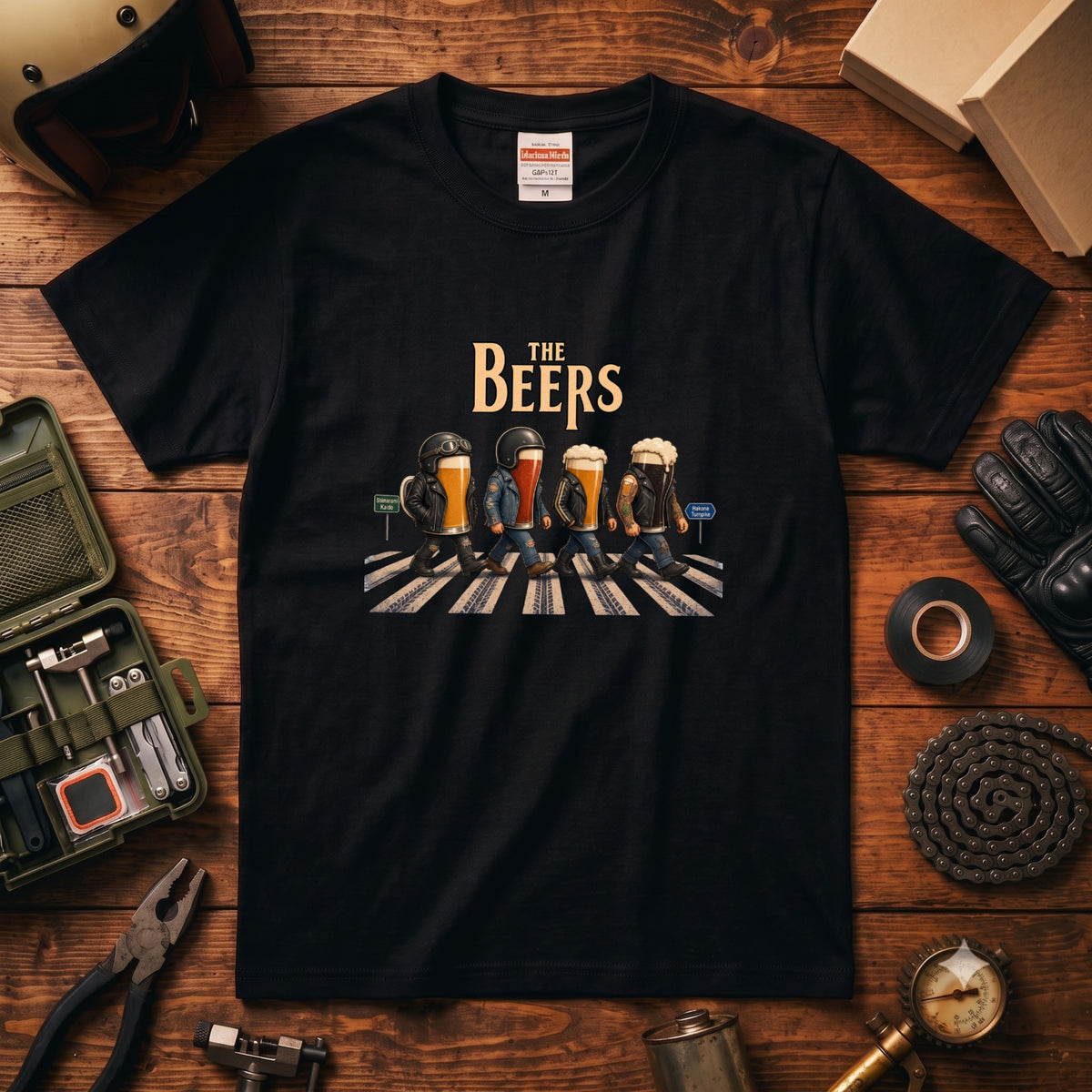 THE BEERS Neoclassic  | バイク 狂 クラフトビール 横断歩道 ゆるかわ パロディ Tシャツ【バイク好き・ライダー・父の日・イベント・プレゼントに最適】