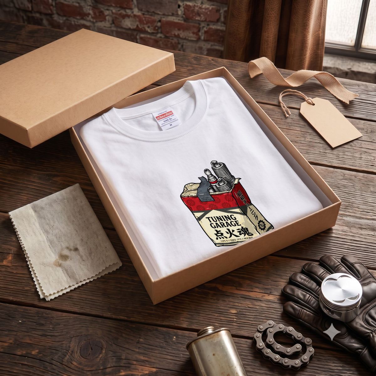 点火魂 | 昭和チューニング ガレージ 点火プラグ レトロパッケージ Tシャツ【ライダー・バイク男子・旧車會・父の日・プレゼントに最適】