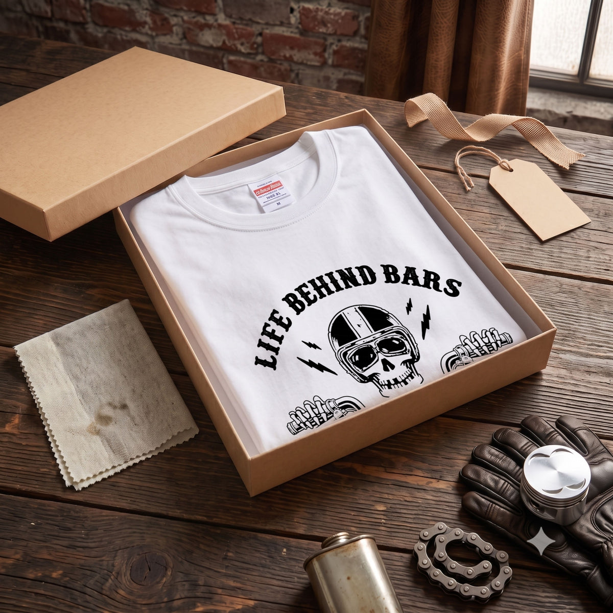 LIFE BEHIND BARS | レトロ スカル ハンドルバー ライダース Tシャツ【バイク乗りの日常・カスタム・オシャレ・ギフトに最適】
