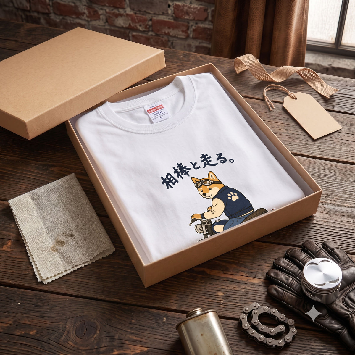 RIDE WITH SHIBA | 柴犬 ライダー ヴィンテージバイク グラフィック カジュアル Tシャツ【バイカーファッション・普段着・キャンプ・ユニセックス・ギフトに最適】
