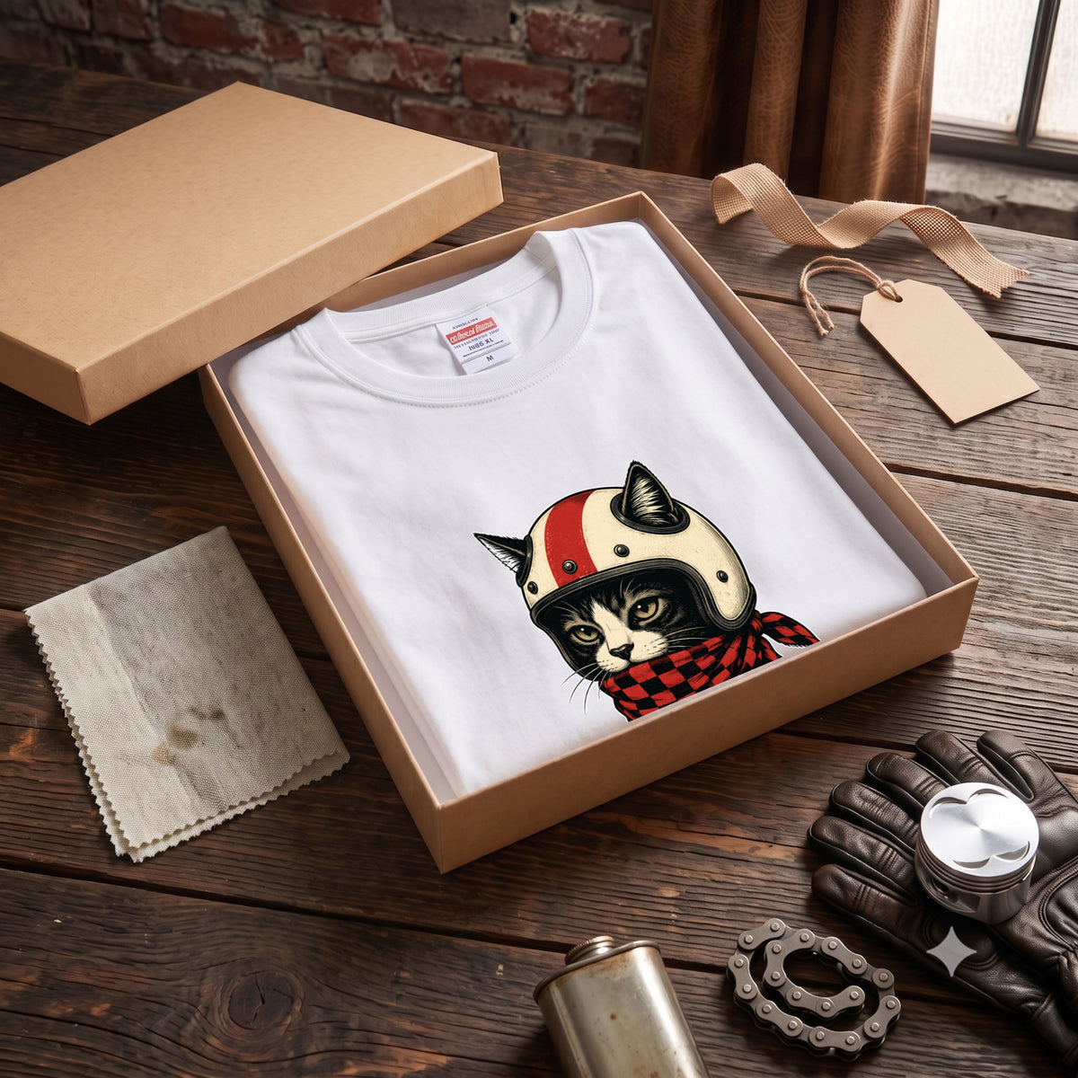 VINTAGE CAT RIDER | クラシック ヘルメット 猫グラフィック アメカジ モーターサイクル Tシャツ【バイカーファッション・普段着・ツーリング・ユニセックス・ギフトに最適】