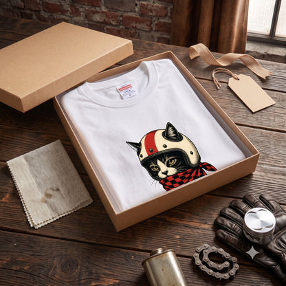 VINTAGE CAT RIDER | クラシック ヘルメット 猫グラフィック アメカジ モーターサイクル Tシャツ【バイカーファッション・普段着・ツーリング・ユニセックス・ギフトに最適】