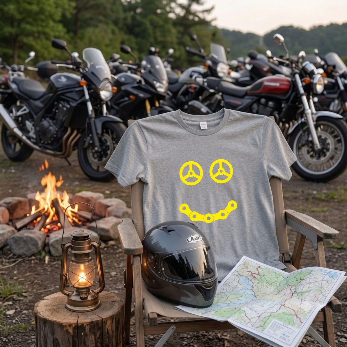 STEERING SMILE | 黄色 スマイル カーステアリング チェーン ミニマル グラフィック Tシャツ【バイク雑貨・普段着・メンズ・オシャレ・ギフトに最適】