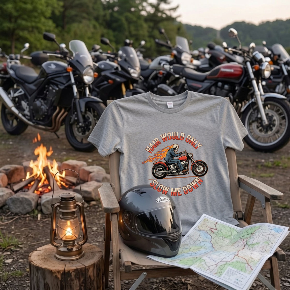 HAIR WOULD ONLY SLOW ME DOWN | スカル バイカー アメリカンバイク 骸骨 パロディ Tシャツ【バイク好き・ハーレー・おもしろ・誕生日ギフトに最適】