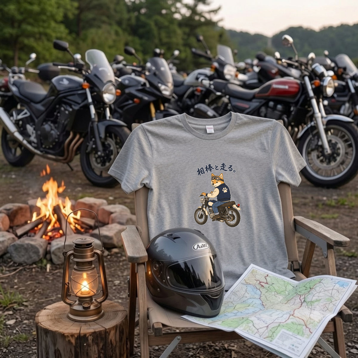 RIDE WITH SHIBA | 柴犬 ライダー ヴィンテージバイク グラフィック カジュアル Tシャツ【バイカーファッション・普段着・キャンプ・ユニセックス・ギフトに最適】