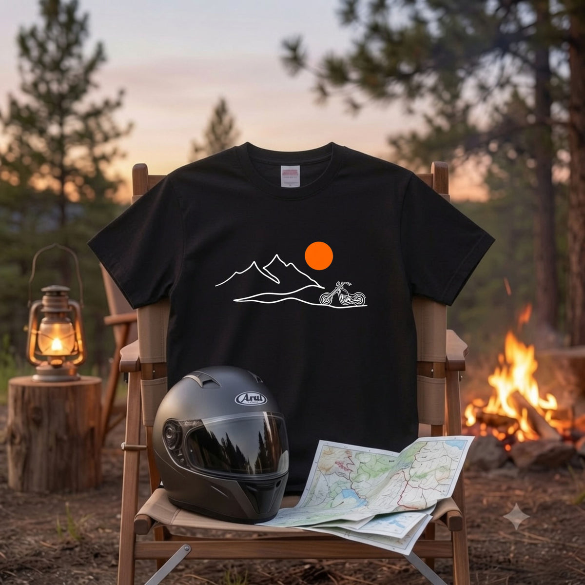 山脈と夕日バイク ミニマルデザインTシャツ | RIDERSMODE