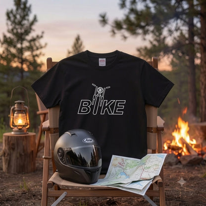 BIKE TYPO | バイク シルエット 英字ロゴ モーターサイクル グラフィック Tシャツ【バイク乗りの日常・普段着・オシャレ・ギフトに最適】