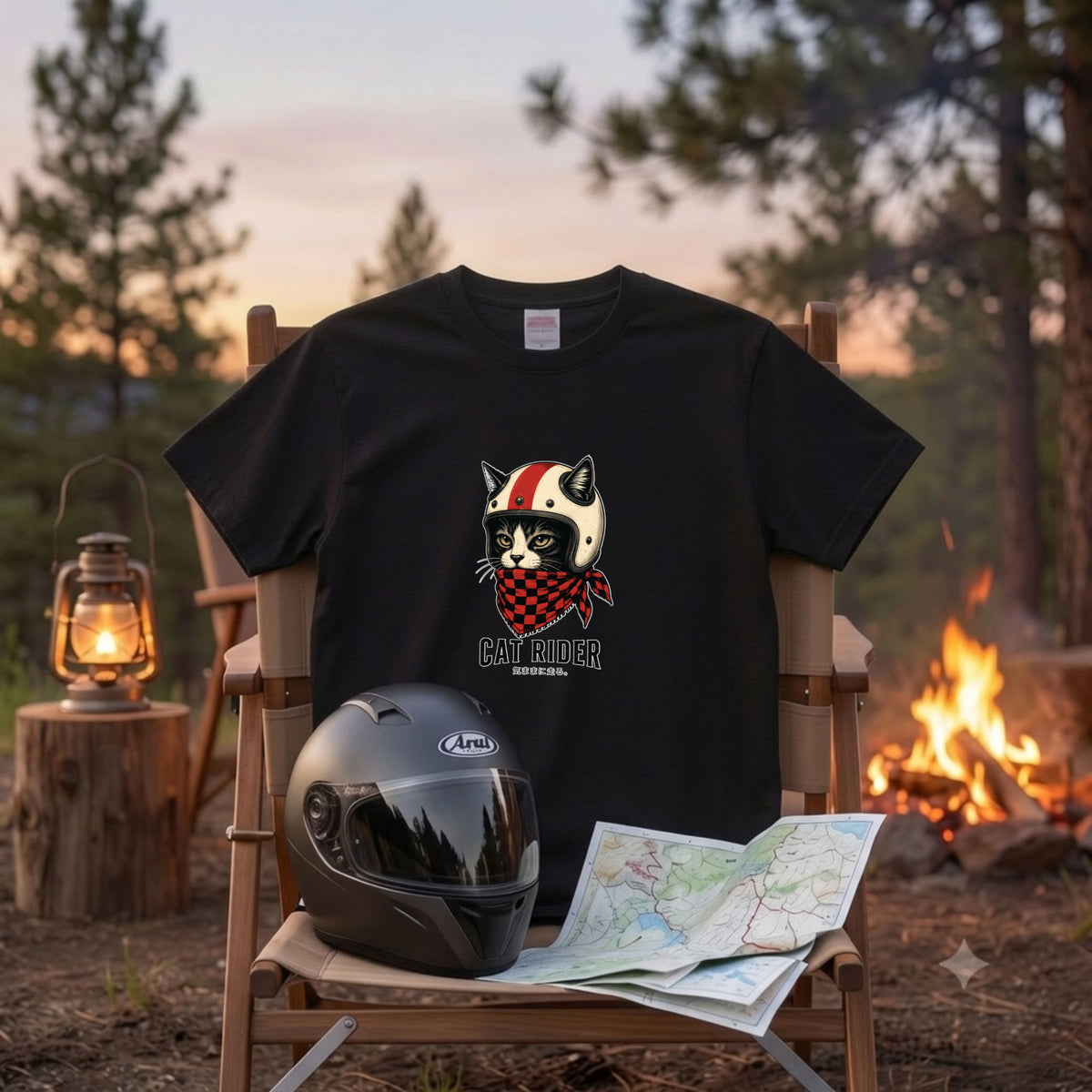 VINTAGE CAT RIDER | クラシック ヘルメット 猫グラフィック アメカジ モーターサイクル Tシャツ【バイカーファッション・普段着・ツーリング・ユニセックス・ギフトに最適】