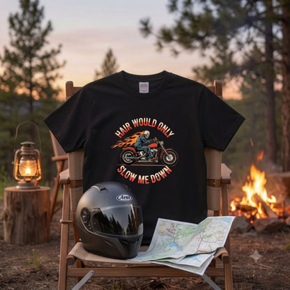 HAIR WOULD ONLY SLOW ME DOWN | スカル バイカー アメリカンバイク 骸骨 パロディ Tシャツ【バイク好き・ハーレー・おもしろ・誕生日ギフトに最適】