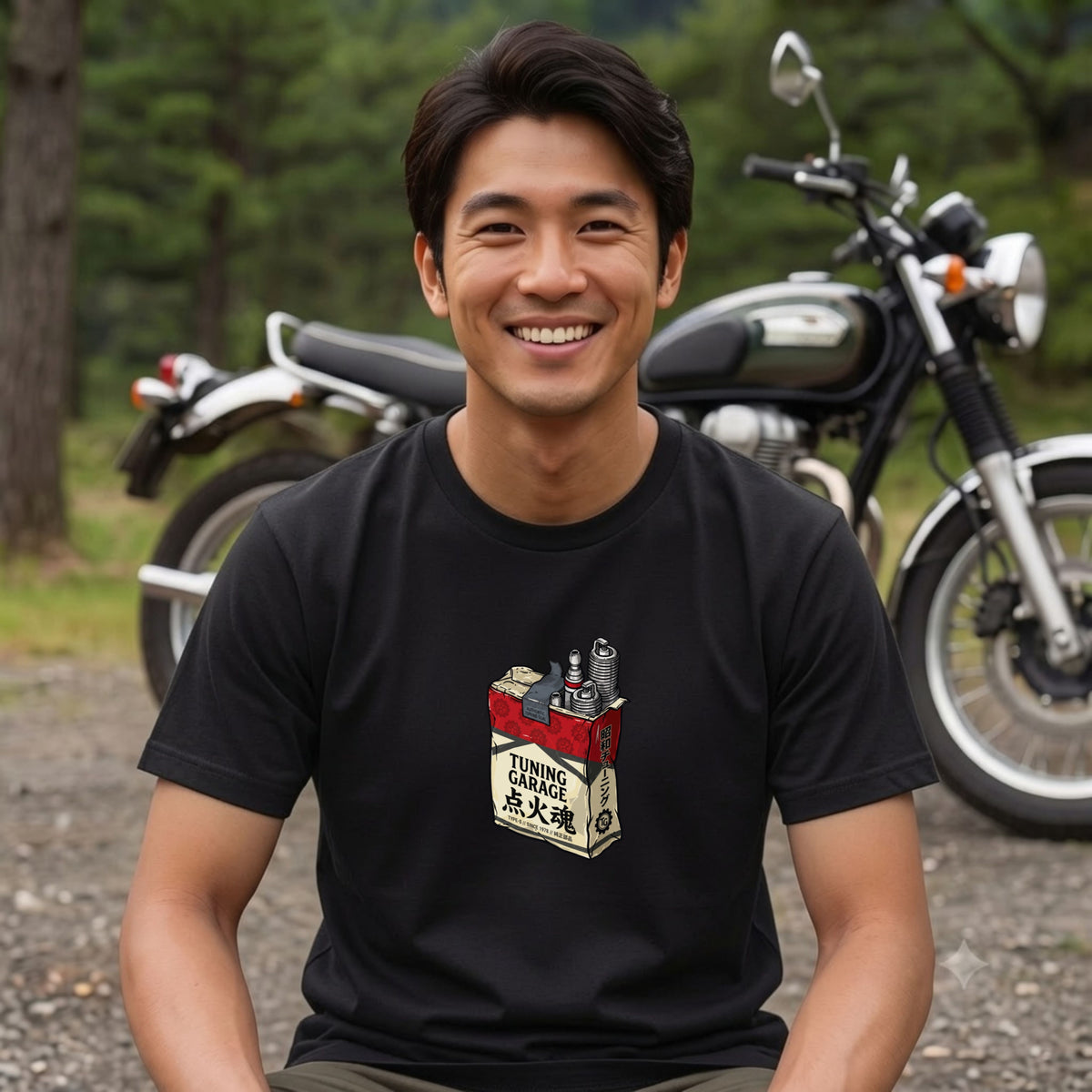 点火魂 | 昭和チューニング ガレージ 点火プラグ レトロパッケージ Tシャツ【ライダー・バイク男子・旧車會・父の日・プレゼントに最適】