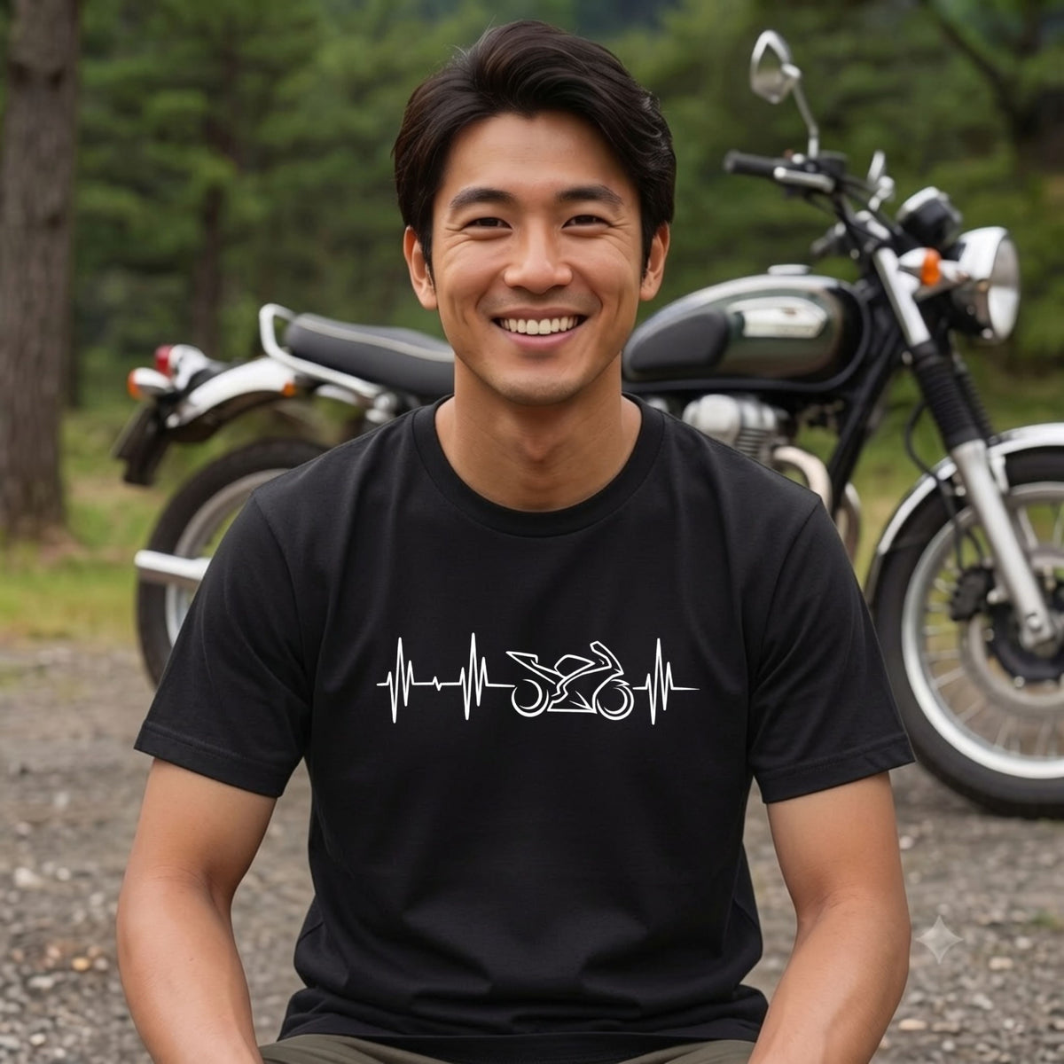 BIKE HEARTBEAT | スーパースポーツ 心電図ライン モノトーン グラフィック Tシャツ【バイク乗りの日常・峠・オシャレ・ギフトに最適】