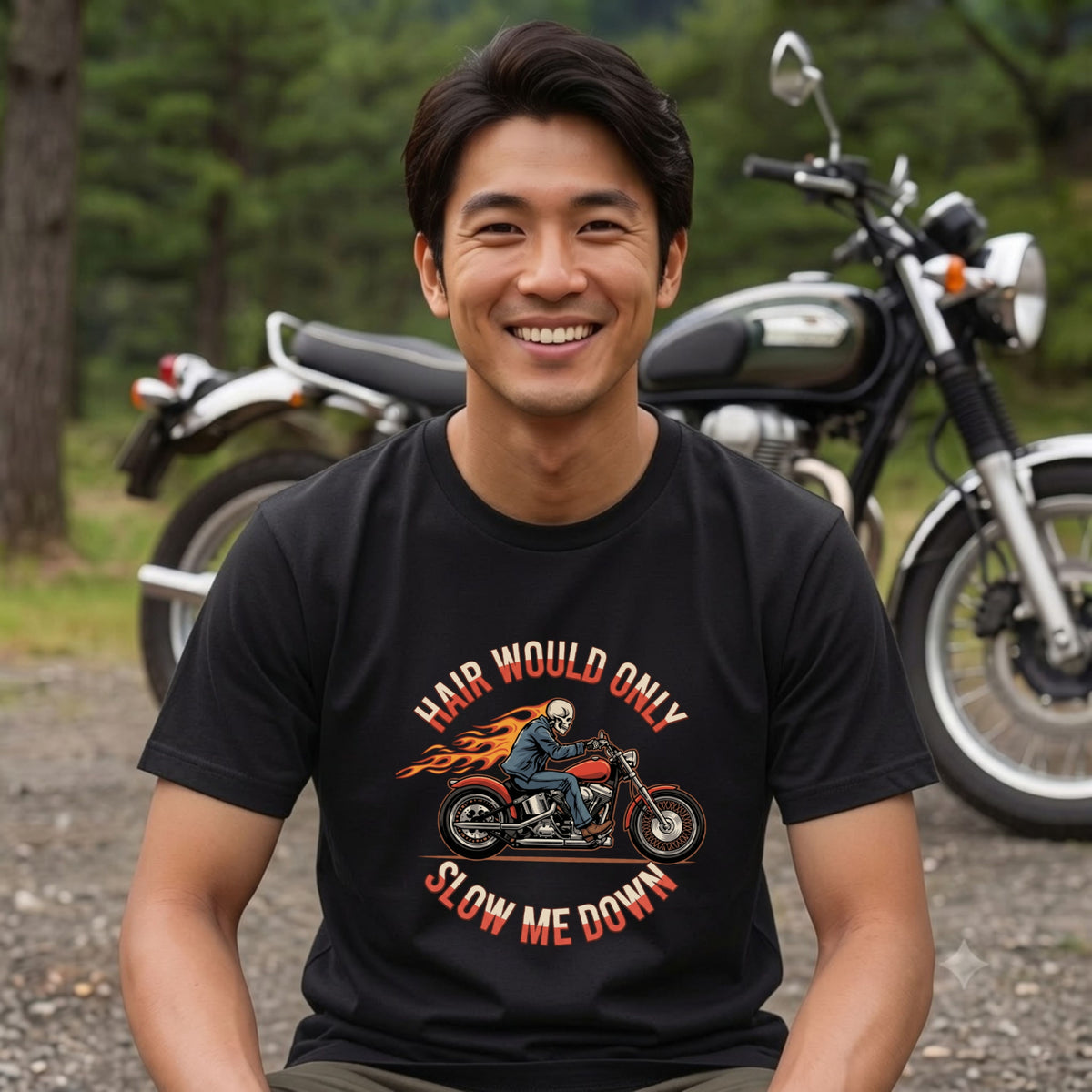 HAIR WOULD ONLY SLOW ME DOWN | スカル バイカー アメリカンバイク 骸骨 パロディ Tシャツ【バイク好き・ハーレー・おもしろ・誕生日ギフトに最適】