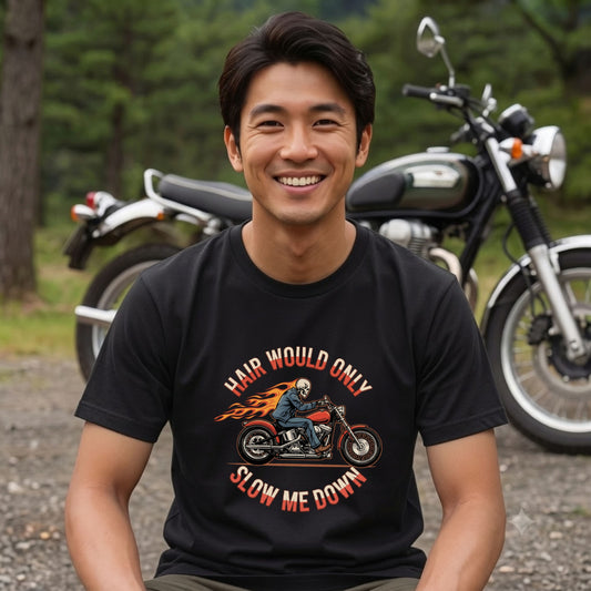 HAIR WOULD ONLY SLOW ME DOWN | スカル バイカー アメリカンバイク 骸骨 パロディ Tシャツ【バイク好き・ハーレー・おもしろ・誕生日ギフトに最適】