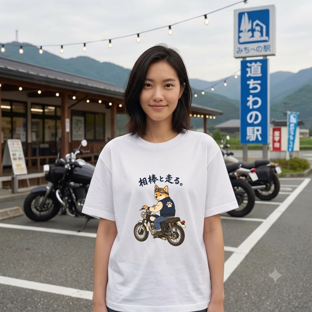 RIDE WITH SHIBA | 柴犬 ライダー ヴィンテージバイク グラフィック カジュアル Tシャツ【バイカーファッション・普段着・キャンプ・ユニセックス・ギフトに最適】