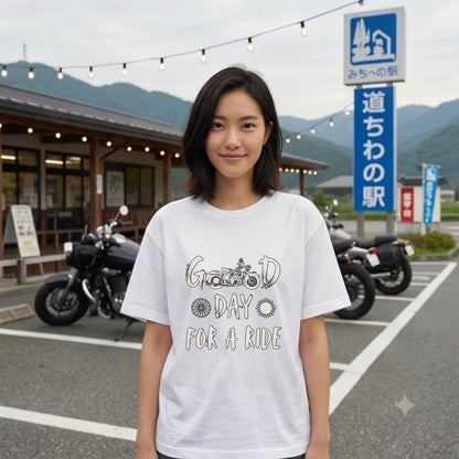 GOOD DAY FOR A RIDE | ビンテージ モーターサイクル 手書き風 グラフィック Tシャツ【バイク乗りの日常・ツーリング・オシャレ・ギフトに最適】