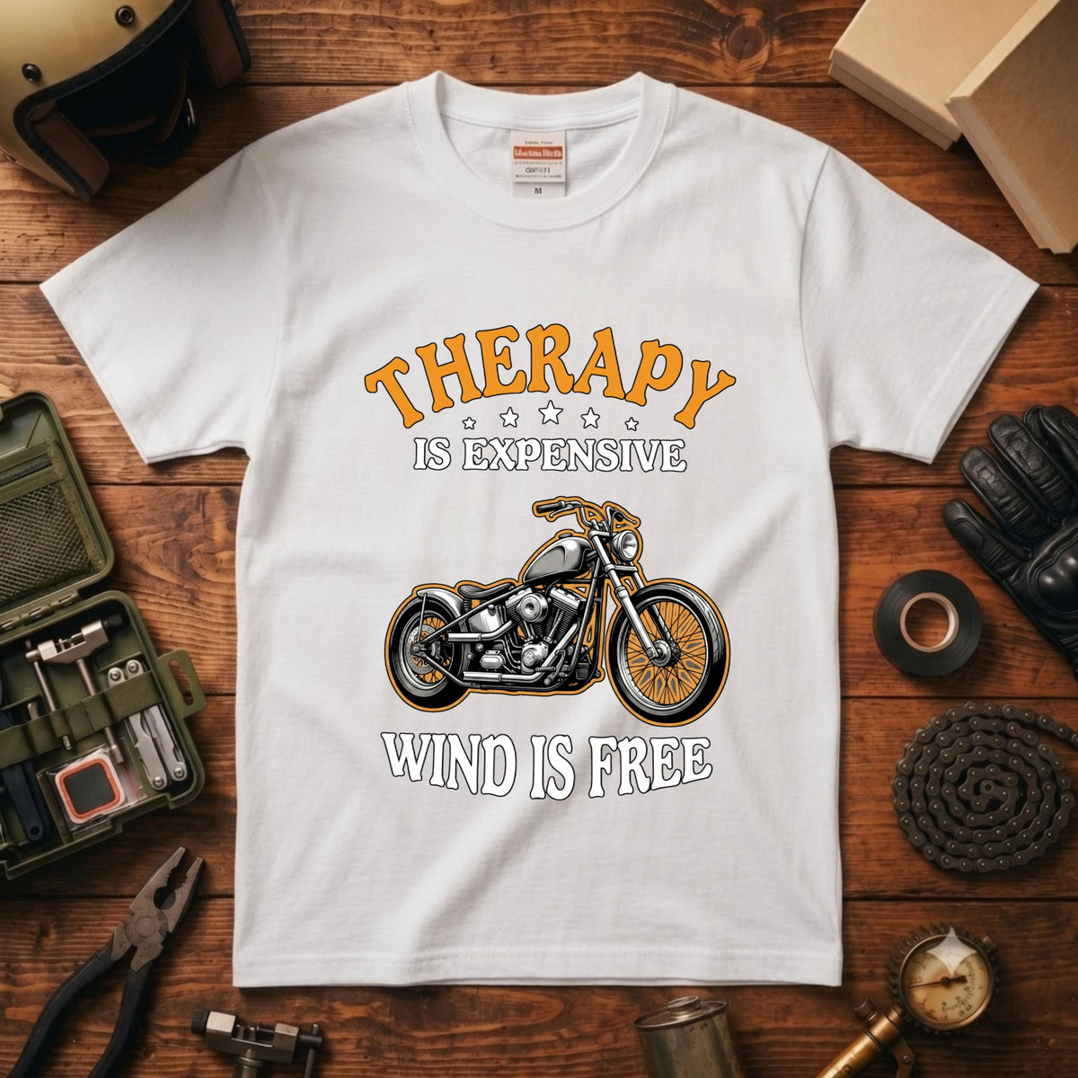 THERAPY & WIND | ビンテージ チョッパー モーターサイクル レトロ グラフィック Tシャツ【バイク乗りの日常・ツーリング・オシャレ・ギフトに最適】