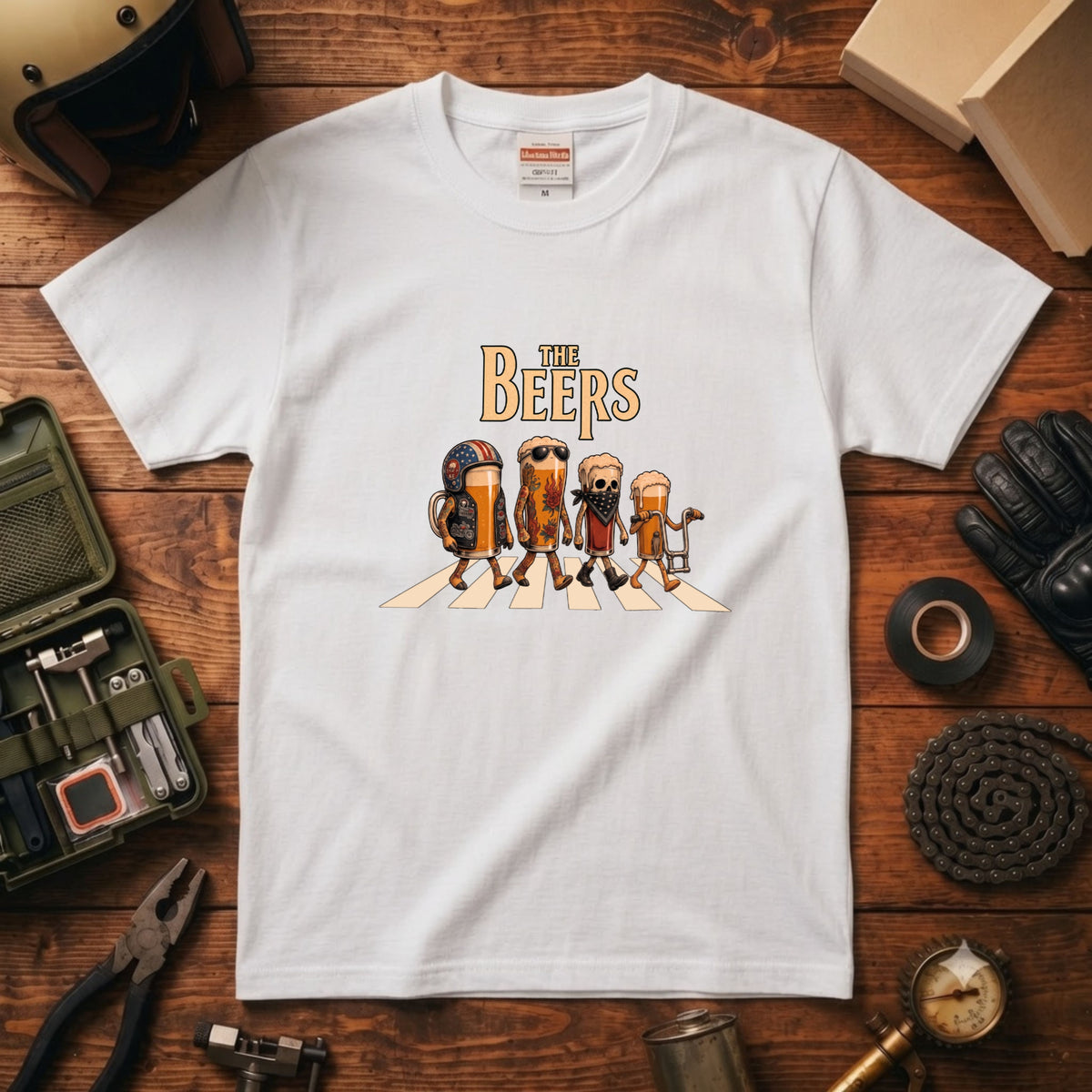 THE BEERS CHOPPER | アメリカンバイク チョッパー クラフトビール 横断歩道 筆文字 パロディ Tシャツ【ライダー・ハーレー乗り・父の日・プレゼントに最適】