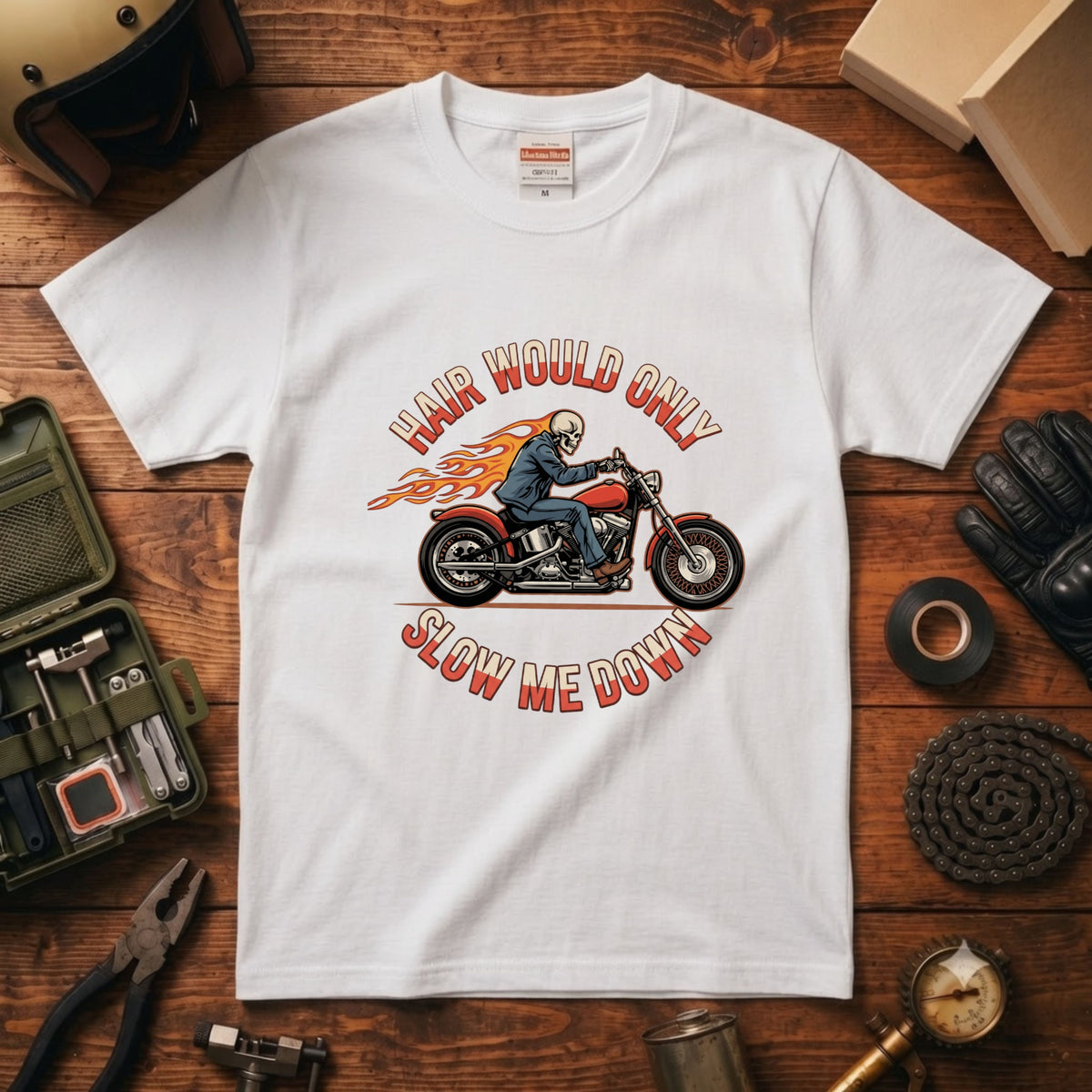 HAIR WOULD ONLY SLOW ME DOWN | スカル バイカー アメリカンバイク 骸骨 パロディ Tシャツ【バイク好き・ハーレー・おもしろ・誕生日ギフトに最適】